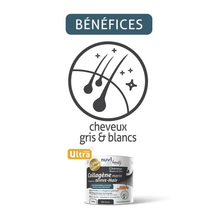 Collagène marin cheveux gris et blancs, complexe revive hair