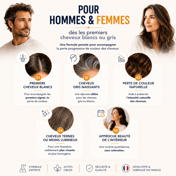 Complément alimentaire cheveux blancs, Kératine, Mélanine
